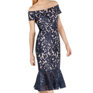 Calvin Klein Off-Shoulder Navy Lace Midi Dress
